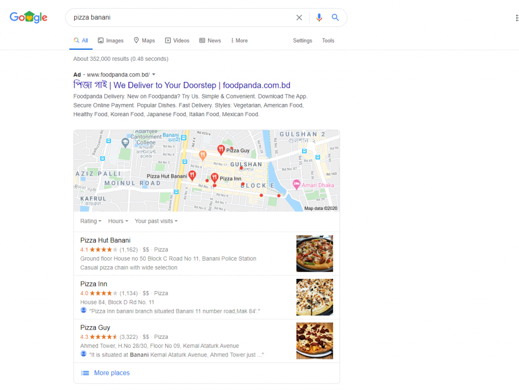 Google Search for pizza Bangladesh with map