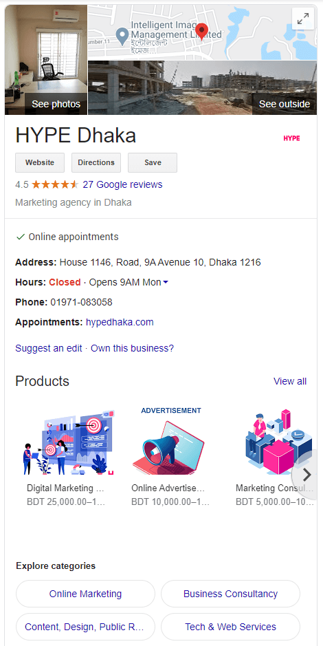 Google My Business HYPE Dhaka Local Marketing Example